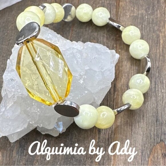 Chunky Lemon yellow jade  beaded bracelet for stacking colorful - Picture 1 of 1